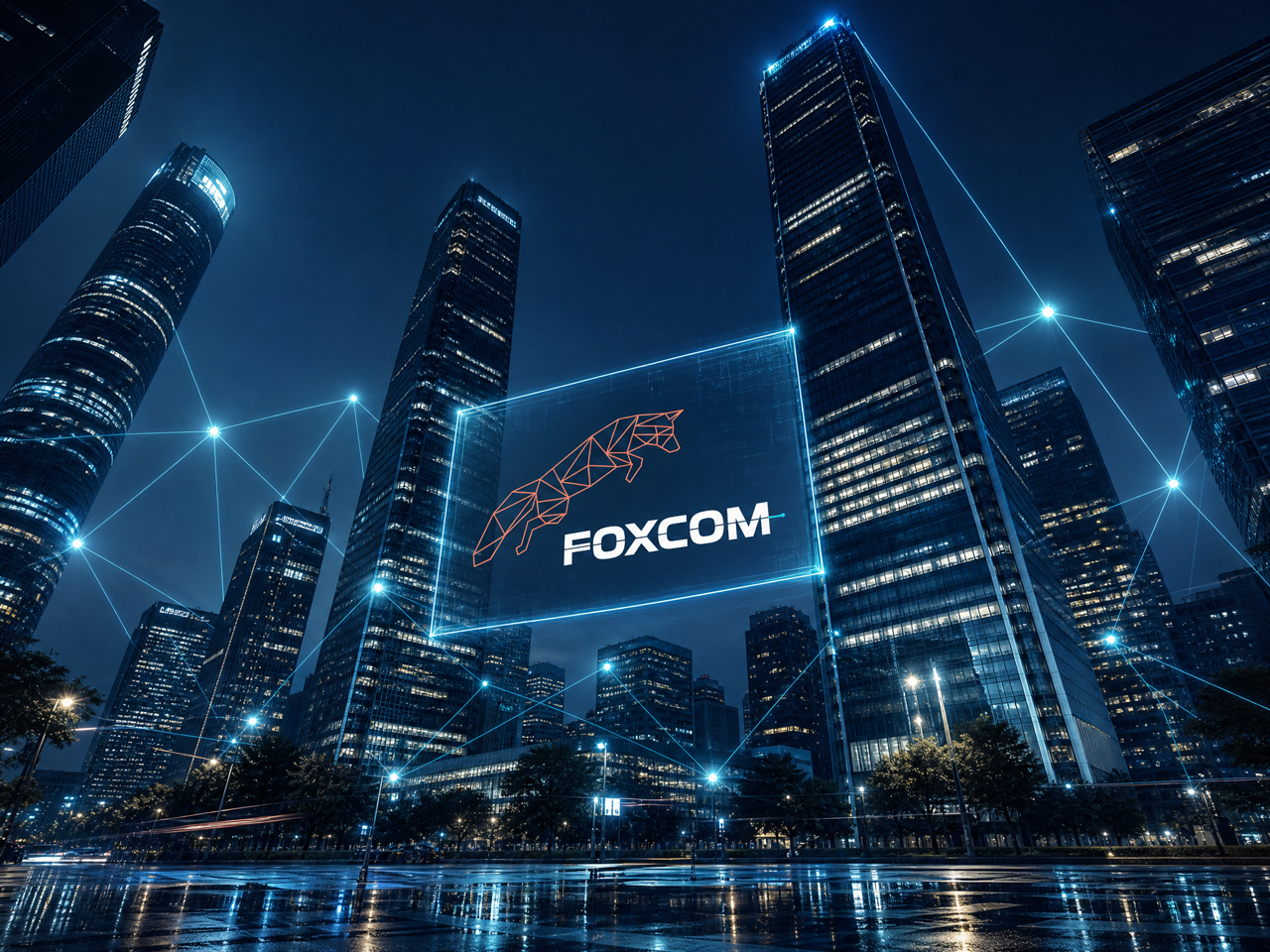 Two FOXCOM field engineers reviewing network diagnostics on a rooftop at night