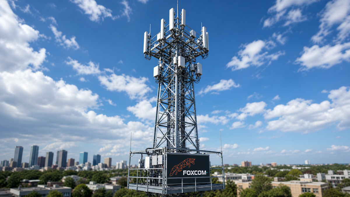 Foxcom telecommunications tower installation against a blue sky